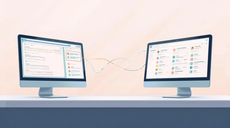 A computer screen showing a completed web form connected by a flowing line to a second screen displaying organized contact records, representing how WordPress form plugins integrate with CRM systems