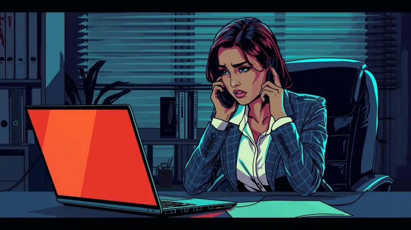 A frustrated professional on the phone with an error on her laptop screen