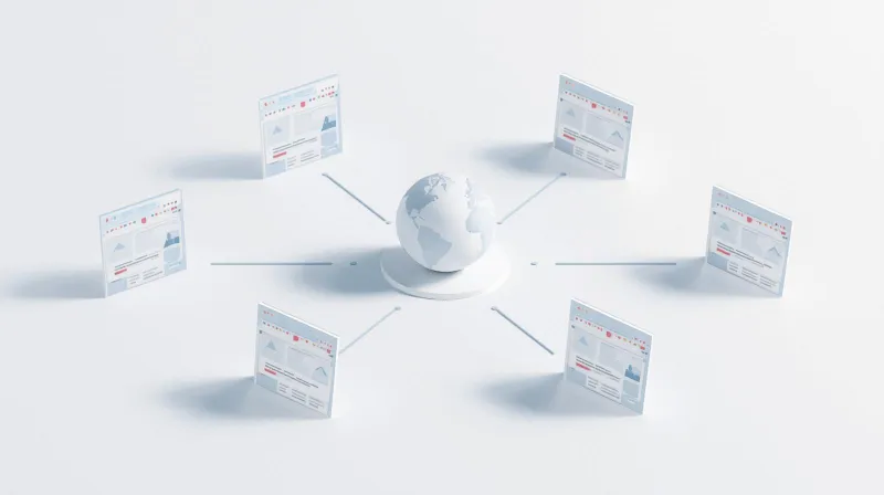 Globe surrounded by cached webpage tiles connected by lines representing full page caching at CDN edge locations worldwide