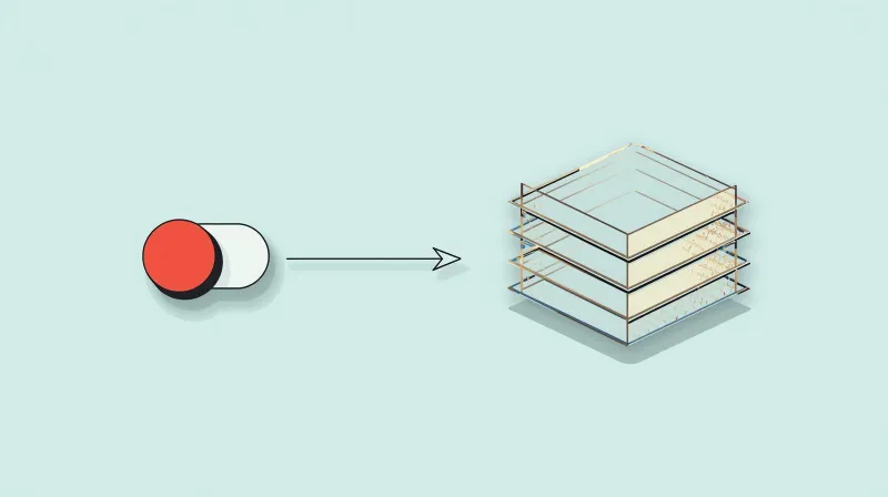 Simple on/off toggle switch pointing to a layered architectural stack showing the difference between basic and strategic caching