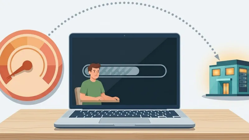 A person at a desk in a remote location with a long visual connection line stretching to a distant server, illustrating how geographic distance affects real-world WordPress pagespeed score experience.