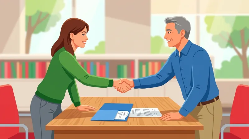 Two professionals shaking hands over a signed contract in a business office setting