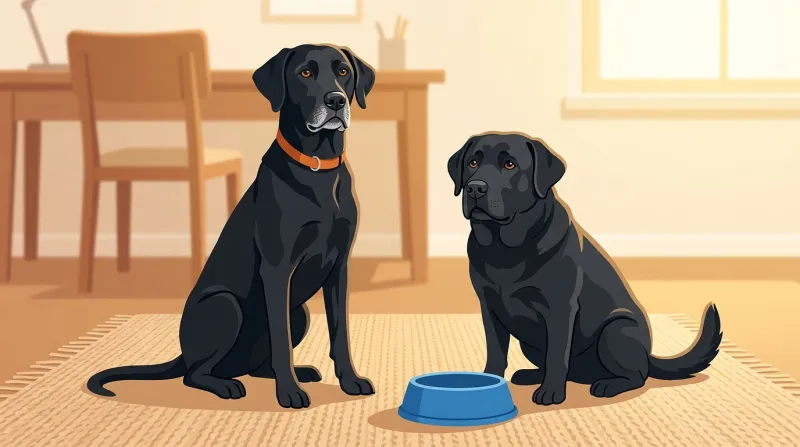 Two black Labradors side by side, a tall lean American Lab and a short, chubby English Lab beside a food bowl.