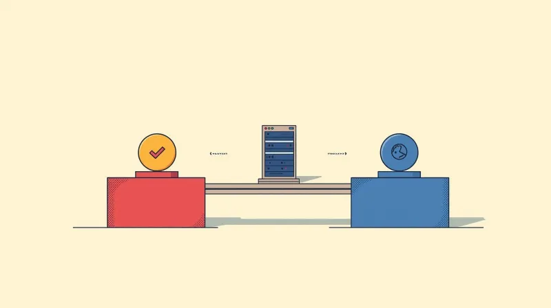 Two podiums on opposite sides connected by a bridge anchored to a central server, representing bipartisan hosting trust