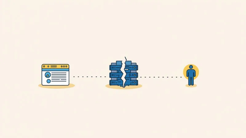 Website connected to broken server with isolated user representing support gaps in infrastructure-only hosting