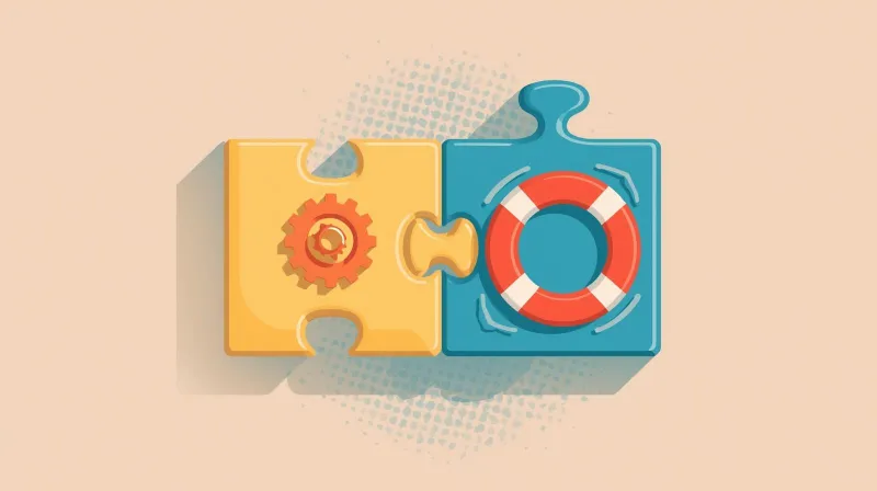 Two puzzle pieces with gear and life preserver icons interlocking to show integrated WordPress care