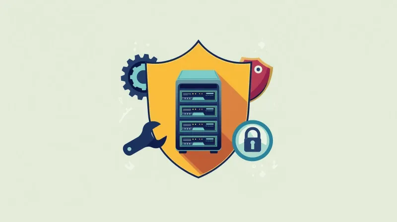 Security shield composed of maintenance tools surrounding server icon representing integrated WordPress hosting protection