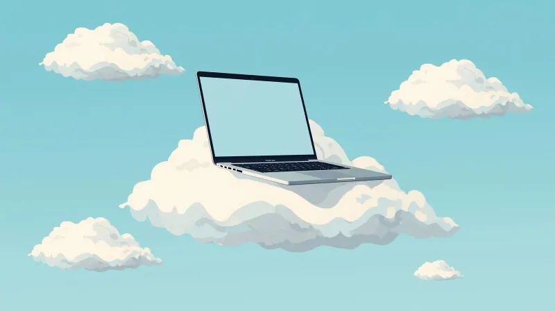 Laptop floating on clouds symbolizing modern cloud hosting with abstracted invisible infrastructure