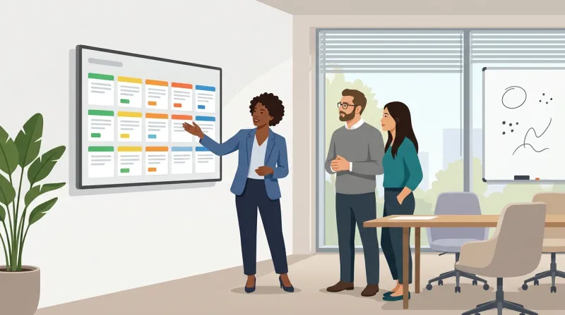 A small agency team in a planning meeting reviewing managed WordPress hosting options on a wall-mounted display