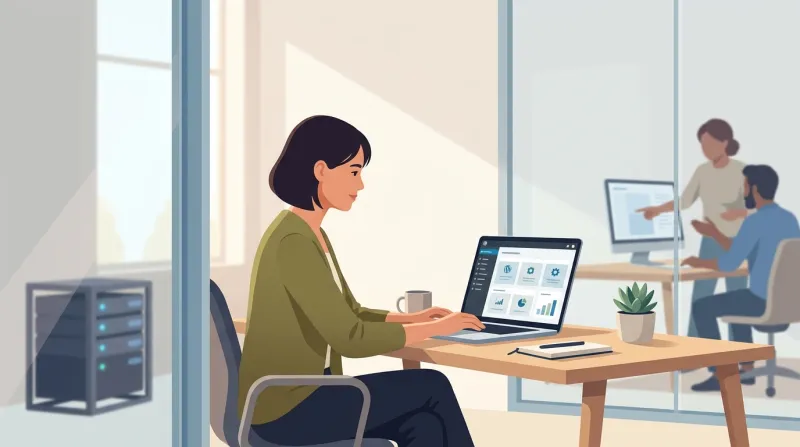 A web developer working at a desk in a small agency studio with team collaboration visible in the background, illustrating a support-first approach to managed WordPress hosting