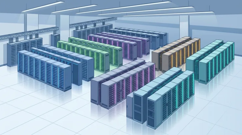 A modern data center showing several rows of different server racks, representing the variety of managed WordPress hosting platforms available