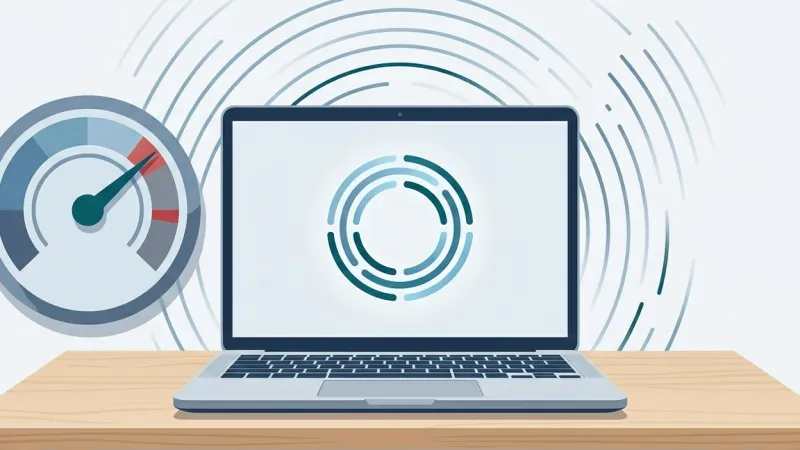 A laptop connected to a simulated network environment with throttling indicators, representing how WordPress pagespeed score lab tests measure performance under artificial conditions.