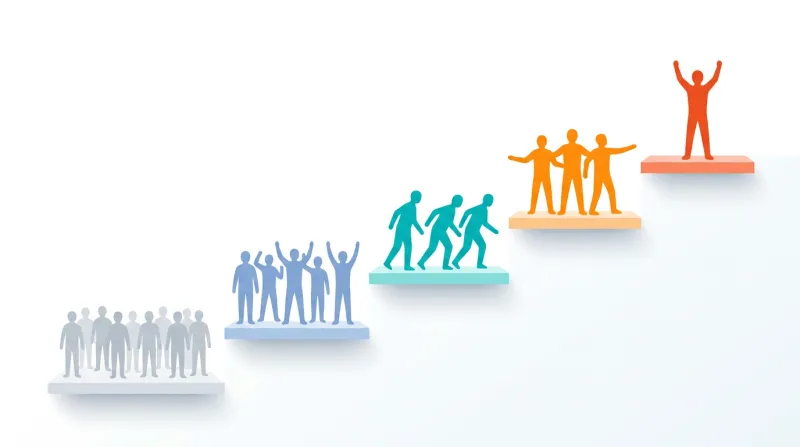 Five ascending platforms showing supporter engagement levels from passive subscribers at the bottom to active champions at the top, with fewer but more prominent figures at each higher level