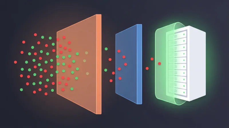 Stacked security layers showing WAF, server protection, backups, and monitoring in unified defense system
