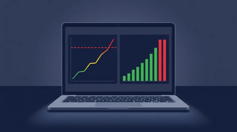 Laptop displaying a load testing dashboard with performance metrics and a visible breaking point threshold under simulated traffic