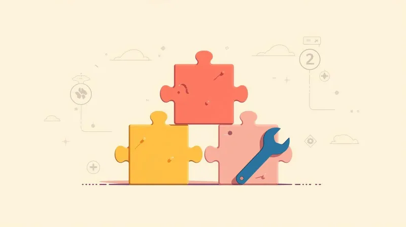 Stack of puzzle pieces with wrench representing maintainable modular WordPress theme components