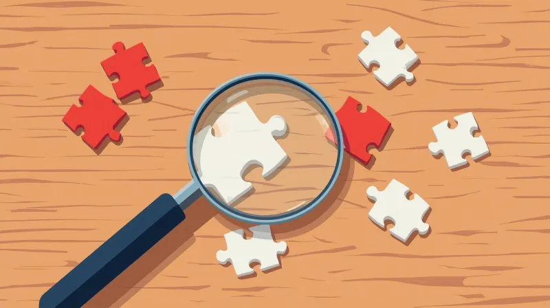 A magnifying glass examining puzzle pieces on a table represents diagnosing the real problem before switching LearnDash alternatives.