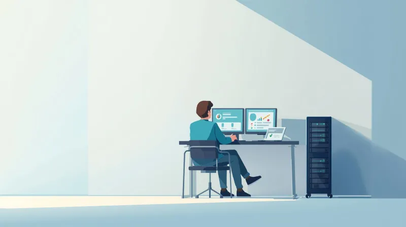 A technical support specialist at a workstation monitoring a website migration on multiple screens in a clean server operations center