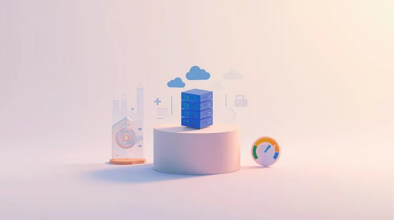 Sturdy pedestal supporting server stack with speed gauge representing reliable membership site hosting foundation