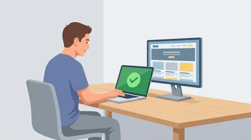 A professional carefully managing WordPress updates on a laptop with a second screen showing a staging site for safe testing