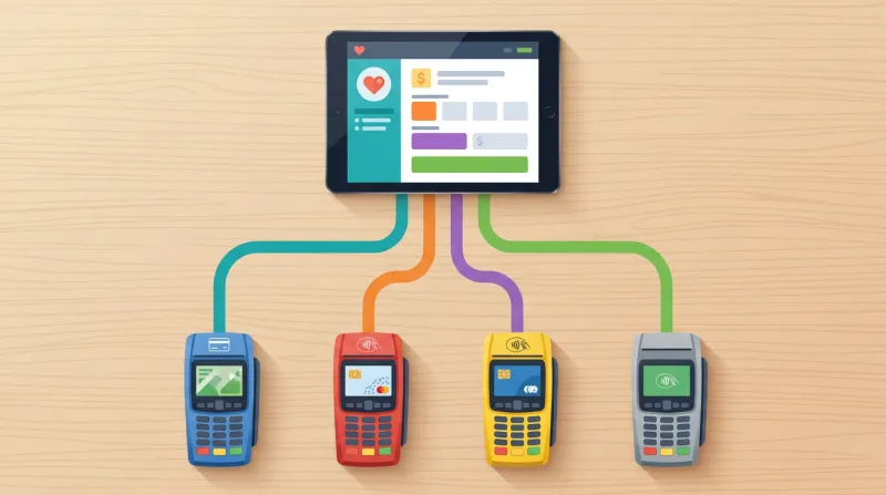 A diagram-style illustration showing a single donation flowing through multiple separate payment processing channels for regulatory compliance