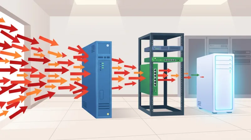 A server room illustration showing multiple layers of network security protecting a central web server from incoming threats