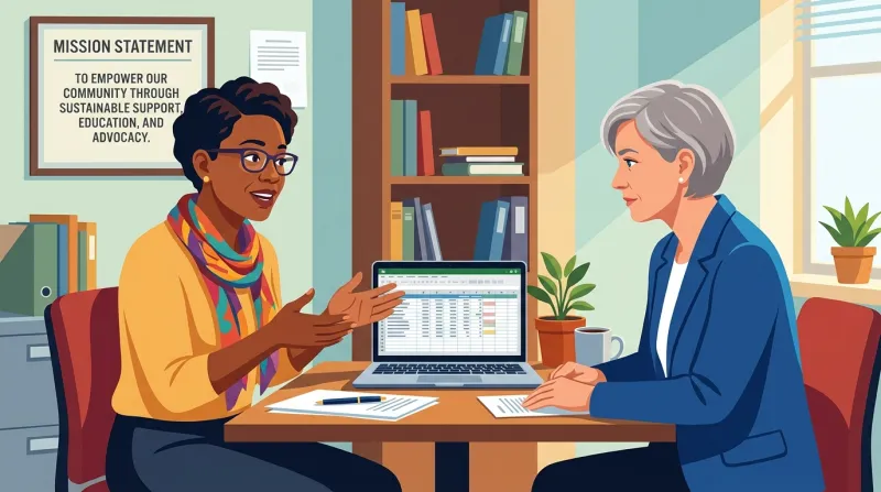 Nonprofit executive director and finance committee member discussing website budget at an office desk with a laptop showing a spreadsheet