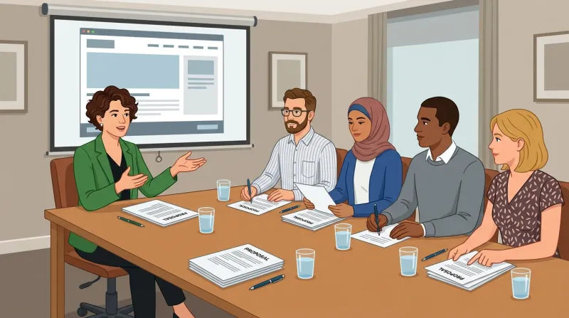 Nonprofit board committee of five people seated around a conference table evaluating website proposals with a projector screen showing a website mockup