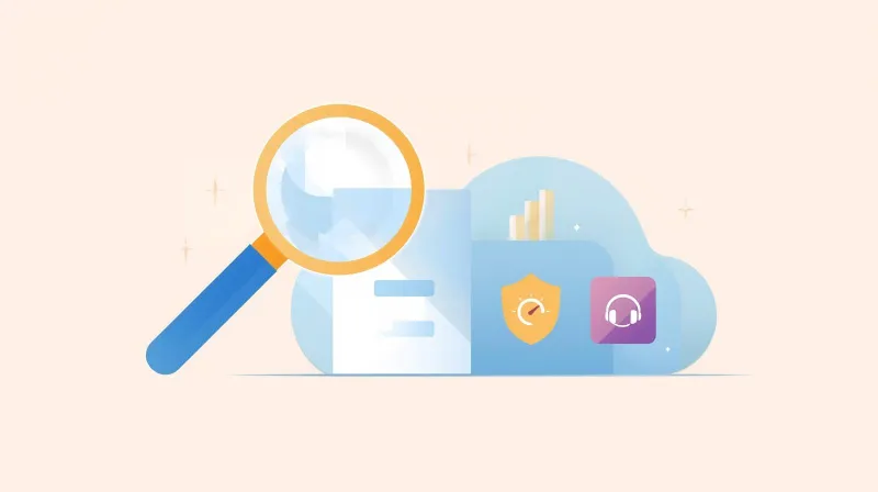 Magnifying glass over shield, speed gauge, and support headset icons representing hosting evaluation checklist