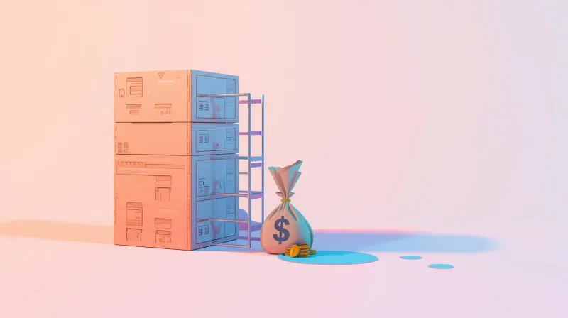 Stack of server boxes next to leaking money bag with coins dripping representing hidden infrastructure costs