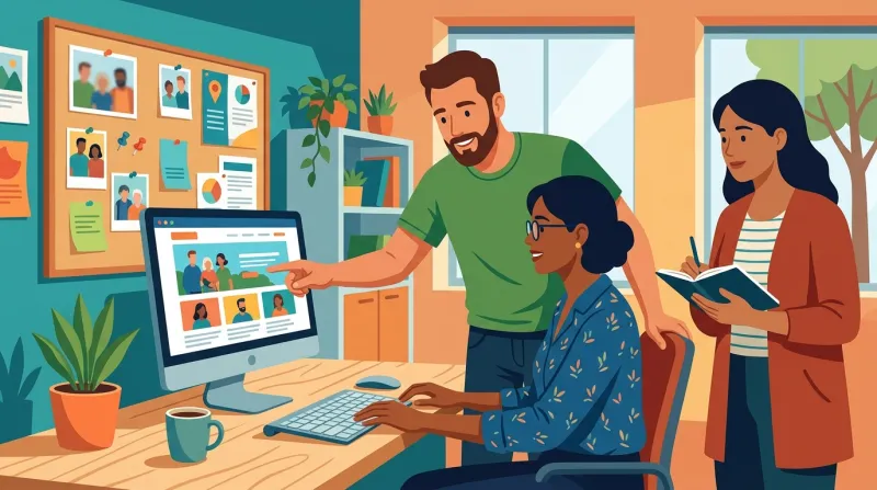 Web developer training two nonprofit staff members at a computer workstation on how to manage their new website