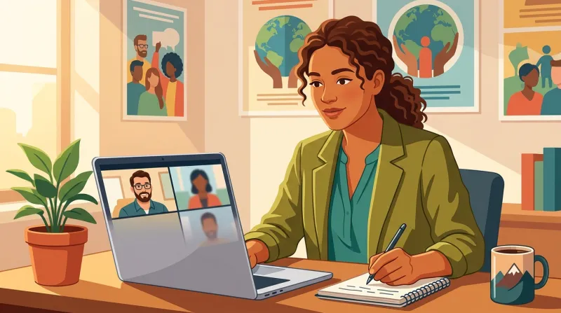 Nonprofit communications director on a video call with a web developer, taking notes at her desk with advocacy posters on the wall