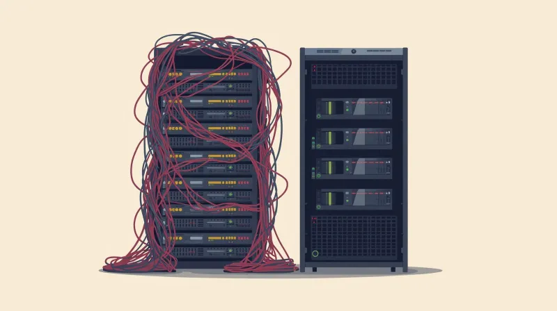 An overcrowded server rack with too many cables and connections, illustrating how unlimited shared hosting oversells resources