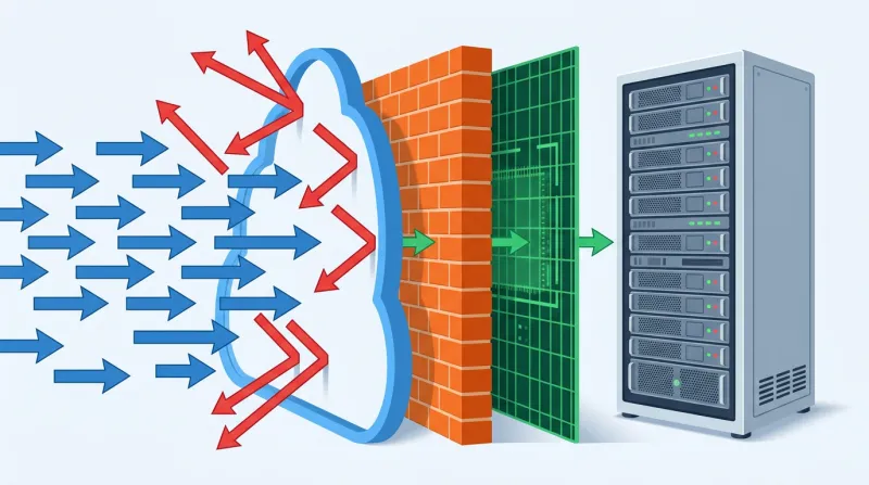 A server protected by multiple defensive layers filtering incoming web traffic, representing layered security architecture for political websites
