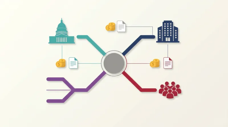 An organizational diagram showing different types of political action committee structures with distinct pathways and groupings