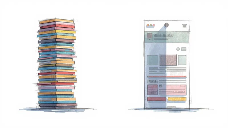 Tall stack of colorful page builder elements next to an overloaded webpage showing performance strain