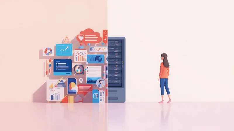 Complex developer tools and dashboards contrasted with non-technical user standing alone without support