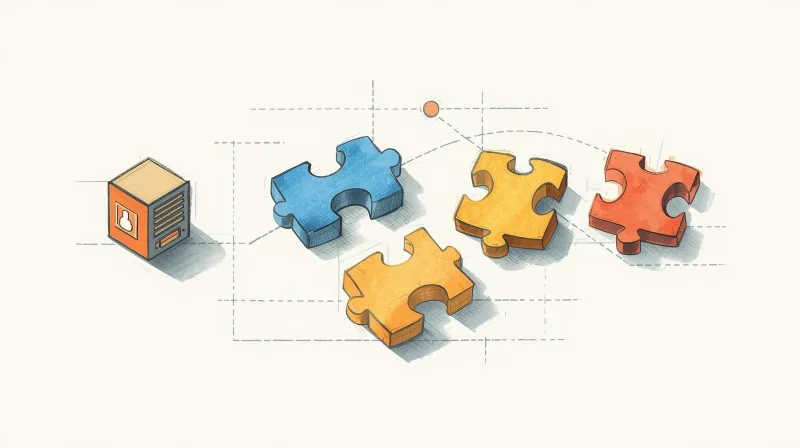 Colorful puzzle pieces scattered around a small server representing the fragmented web hosting infrastructure of 1999