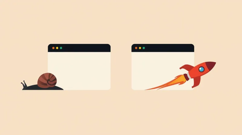 Snail with browser window versus rocket with browser window contrasting slow and fast page delivery speeds