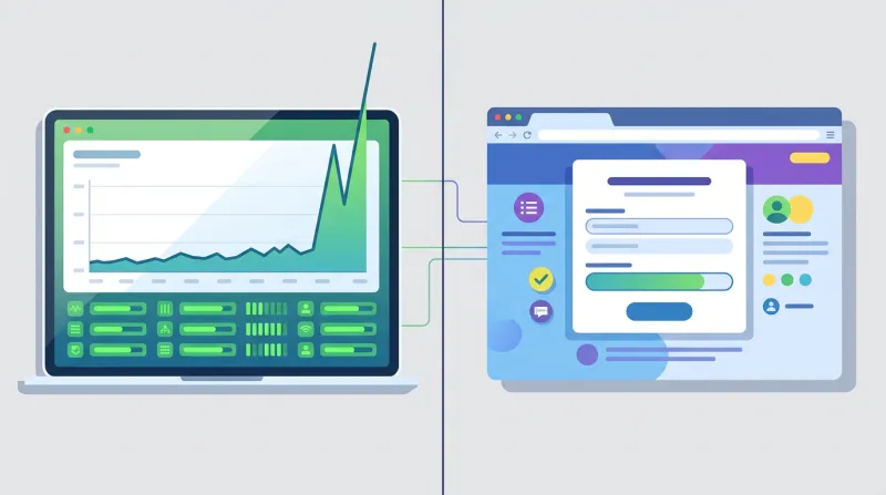 Server monitoring dashboard showing a dramatic traffic spike alongside a stable webpage representing petition performance under load