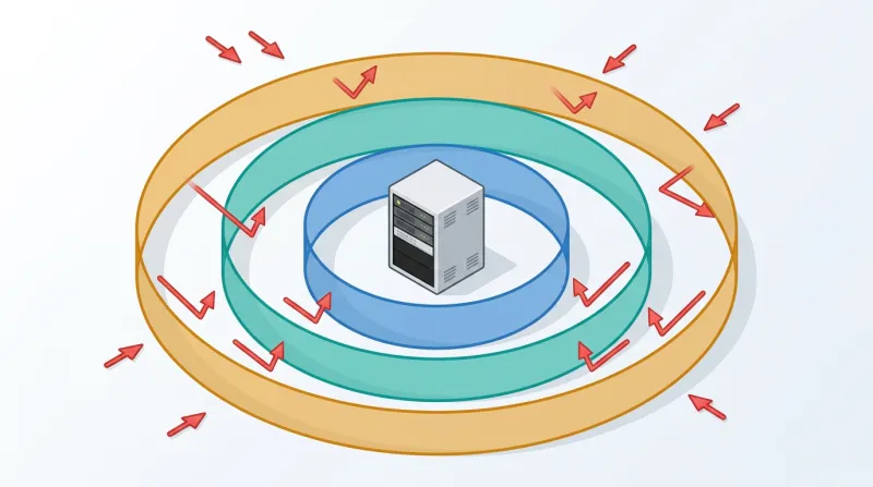 Multiple concentric protective barriers surrounding a website server, representing the layered security approach that prevents pharma hack infections