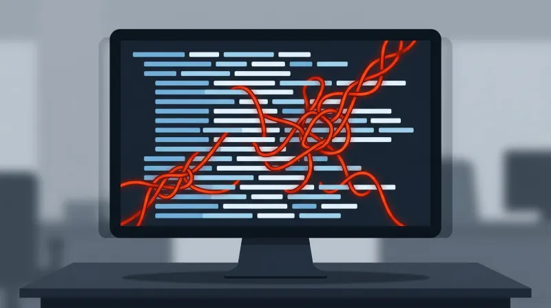 A computer screen displaying layers of tangled code representing the obfuscated malware hidden within WordPress files during a pharma hack infection