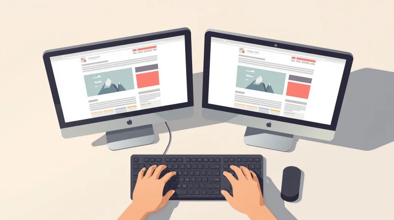 Two monitors showing nearly identical website layouts side by side, representing a pixel-perfect WordPress migration without redesign