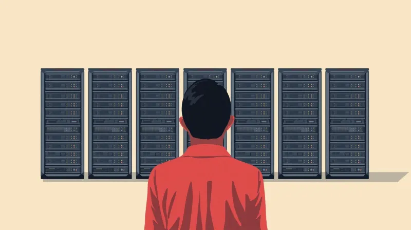 IT professional surveying organized row of server racks representing planned redundant hosting infrastructure