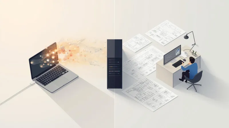 Two contrasting scenes showing a simple server-to-server file transfer versus a full website being rebuilt on a new platform, illustrating the difference when changing hosting providers