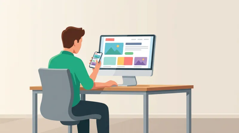 A person checking a live website on a desktop monitor and a phone after completing WordPress updates