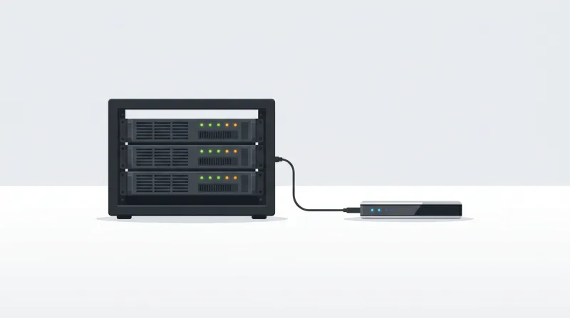 A server rack connected to an external backup drive illustrating the importance of verified backups before WordPress updates