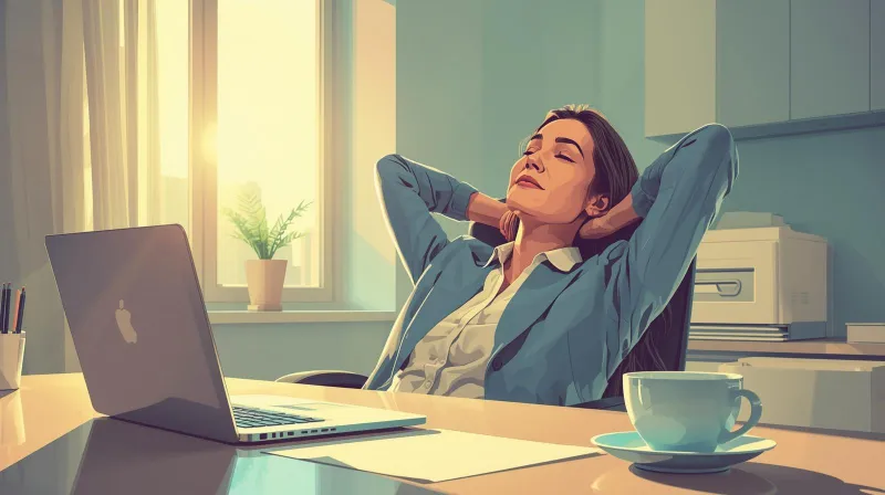 A professional looking relieved at her laptop, problem resolved