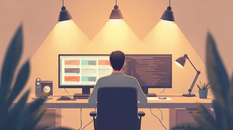 A web developer at a dual-monitor workstation performing a professional Squarespace to WordPress migration