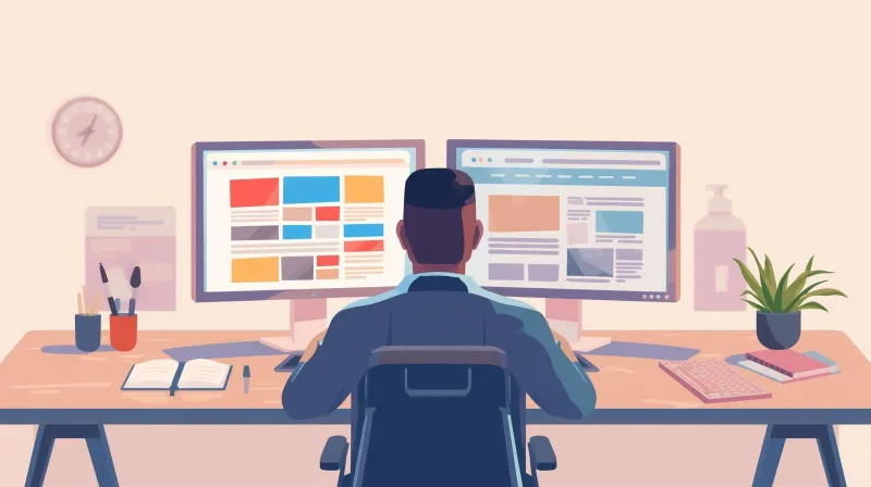 A web developer working at a desk with multiple monitors showing a website rebuild during a migration project